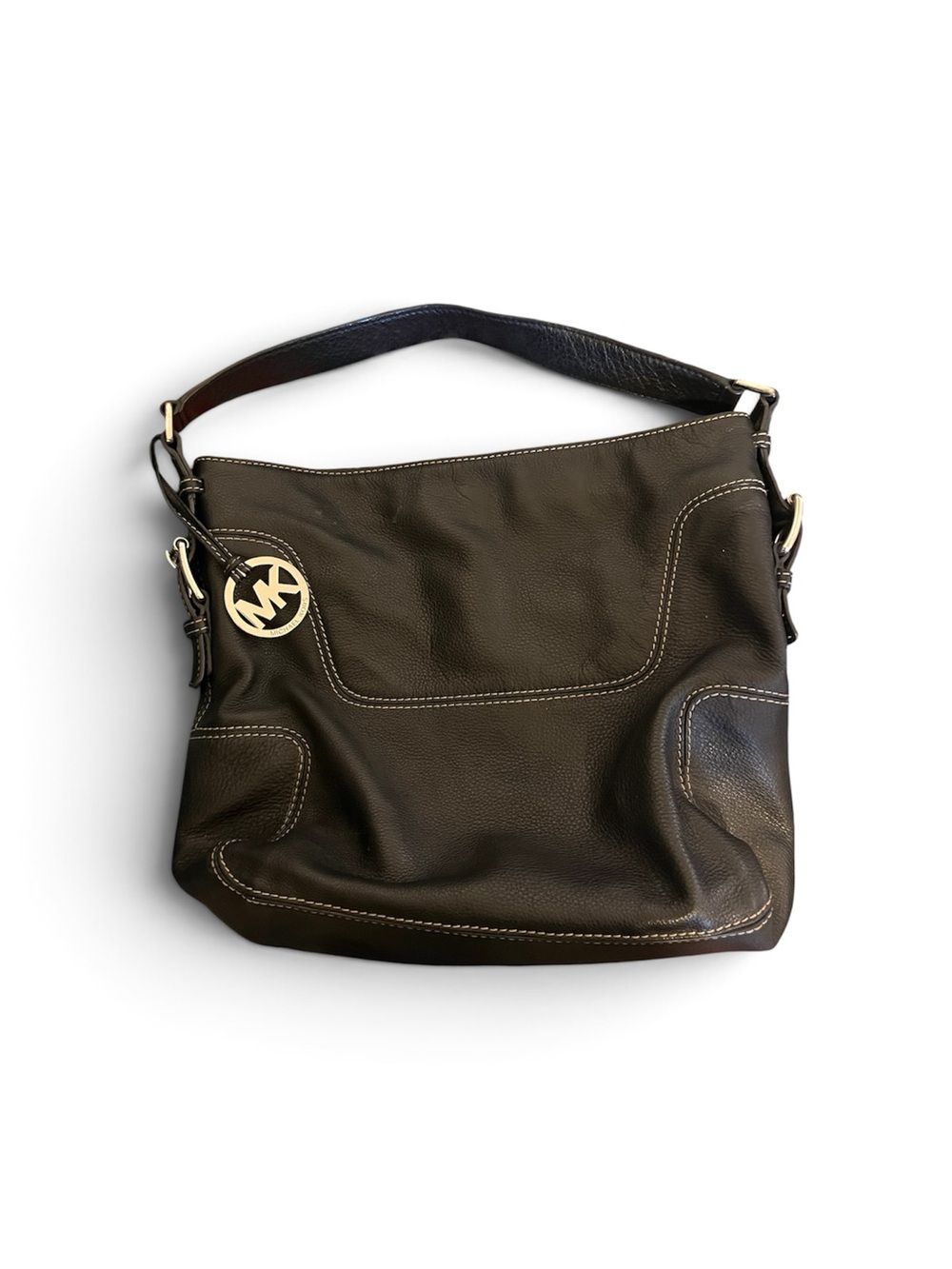 Michael Kors Black Pebbled Leather Shoulder Bag with Gold MK Charm